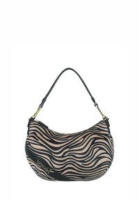 Borsa hobo in tessuto rosa con strisce nere a zebra, caratterizzata da una forma curva, una tracolla nera e dettagli in metallo dorato.