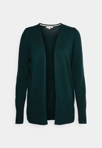 Cárdigan verde oscuro hecho de material de punto suave. Presenta un diseño de front abierto, mangas largas y puños y dobladillo acanalados. Diseño simple y versátil.