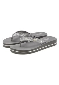 Gray flip-flops with a textured silver strap, featuring a decorative round accent and white trim on the soles. Simple and casual design.