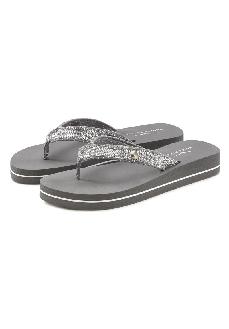 Gray flip-flops with a textured silver strap, featuring a decorative round accent and white trim on the soles. Simple and casual design.