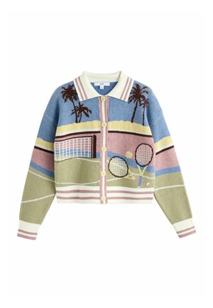 Buttoned cardigan with tennis court, rackets, ball, and palm tree design in pastel blue, pink, green, and yellow colors.