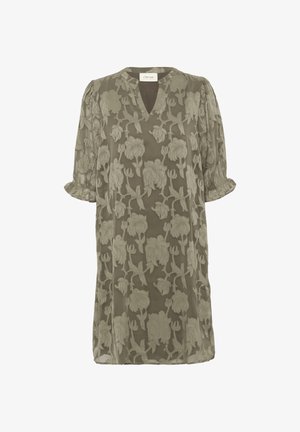 Olivengrünes Kleid aus transparenter Stoff mit floralem Stickerei. V-Ausschnitt, kurze Puffärmel und geraffte Akzente an den Bündchen.