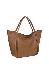 Brown leather tote bag with a soft, smooth texture. Features curved edges, two long handles, and a subtle embossed logo on the lower front.