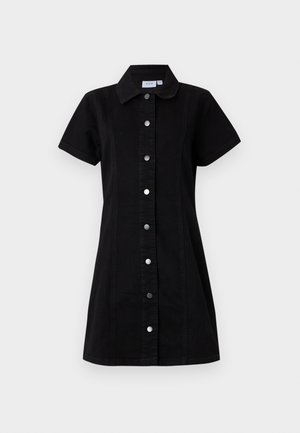 Schwarzes kurzärmeliges Jeanskleid mit Kragen und vorderer Druckknopfleiste, taillierter Passform und leicht ausgestelltem Rock.