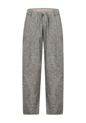 Loose-fit gray tweed pants with belt loops, a front zipper, and a straight leg cut.
