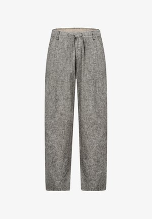 Locker sitzende graue Tweedhose mit Gürtelschlaufen, einem Frontreißverschluss und geradem Bein.
