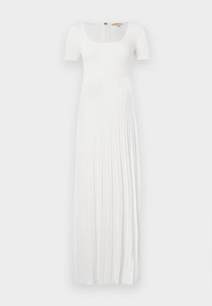 Ilga balta raukšlėta suknelė su kvadratiniu dekoltė ir trumpomis rankovėmis. Yra vertikalios raukšlės ir užtrauktukas nugaroje. Minkšta tekstūra.