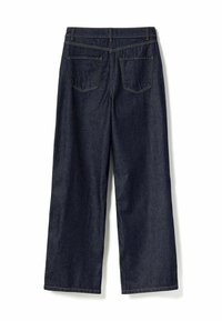 Sötétkék farmer széles lábú nadrág, öt zsebbel, látható varrással és sima textúrával. Magas derékkal és kényelmes szabással rendelkezik.