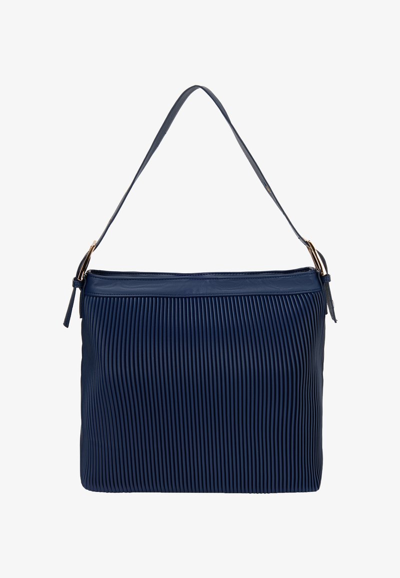 Marineblauwe geplooide handtas van synthetisch materiaal, met een bovenrits, een enkele schouderband en accenten van goudkleurig hardware.