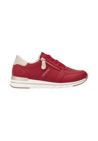 Red leather sneaker with a textured surface, white midsole, gold accents, and a side zipper. Features perforations for breathability.