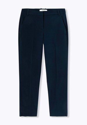 Pantalons ajustés bleu marine en tissu lisse, dotés de poches latérales, d'une coupe slim et de fentes discrètes à l'ourlet pour un détail supplémentaire.