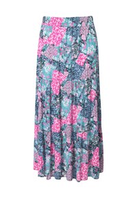 Jupe maxi en patchwork floral avec un ourlet évasé, présentant des nuances de teal, rose et bleu marine dans divers motifs et textures.