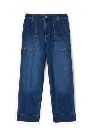 Donkerblauwe denim broek met een rechte pijp, omgeslagen zoom en decoratieve studs langs de zakken.
