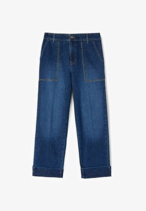Donkerblauwe denim broek met een rechte pijp, omgeslagen zoom en decoratieve studs langs de zakken.
