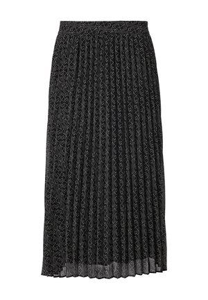 Black pleated skirt featuring a subtle pattern, elastic waistband, and a flowy, lightweight texture. Length extends to mid-calf.
