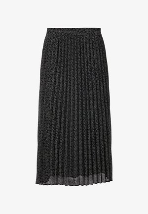 Black pleated skirt featuring a subtle pattern, elastic waistband, and a flowy, lightweight texture. Length extends to mid-calf.