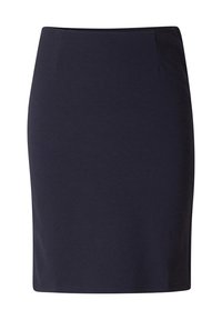 Marineblauwe kokerrok van gladde stof; heeft een getailleerd ontwerp met een zoom tot op de knie en twee steekzakken aan de voorkant. Geen zichtbare sluitingen of versieringen.