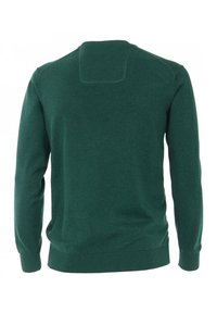 Zelená mikina s dlouhými rukávy, kulatým výstřihem a texturovaným povrchem. Má bezešvý design ramen a žebrované manžety a lem.