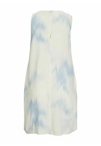 Ärmlös klänning i ljusgul med ett blått abstrakt mönster. Har en bakre nyckelhålsstängning och en mjuk tygtextur.