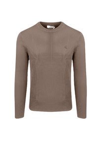 Suéter marrón de canalé con cuello redondo y mangas largas. Presenta un logo discreto en el lado izquierdo del pecho. Textura suave y forma ajustada.