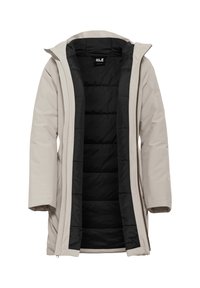 Giacca esterna imbottita beige con fodera interna nera, dotata di cappuccio, maniche lunghe e taglio dritto per una vestibilità comoda.