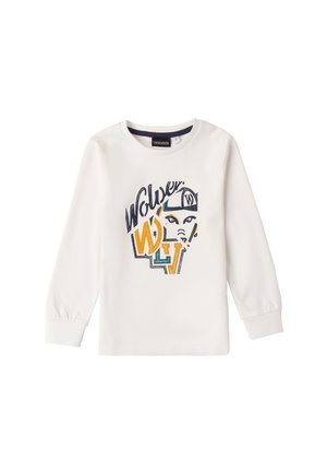 Witte lange mouwen shirt met een grafisch ontwerp waarin het woord "Wolves" en een karakters gezicht zijn afgebeeld in blauwe, oranje en groene accenten.