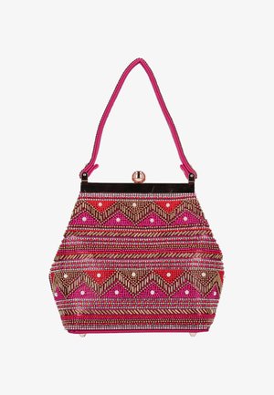 Perlenbesetzte Handtasche mit einem geometrischen Muster in Pink, Rot und Gold. Mit einem schwarzen Rahmen oben mit Verschluss und einem pinkfarbenen Griff.