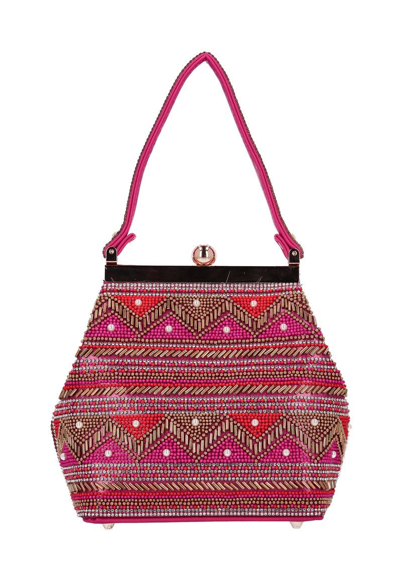 Geantă cu mărgele cu un model geometric în roz, roșu și auriu. Are o ramă superioară neagră cu un clasic și o mâner roz.