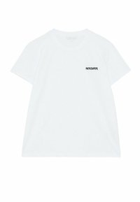 T-shirt bianca in cotone con maniche corte, scollatura rotonda e un logo nero sul lato sinistro del petto. Tessuto morbido e vestibilità casual.