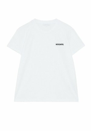 T-shirt bianca in cotone con maniche corte, scollatura rotonda e un logo nero sul lato sinistro del petto. Tessuto morbido e vestibilità casual.