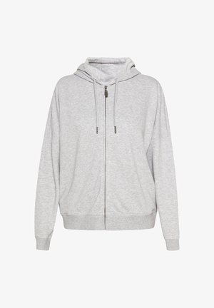 Harmaa huppari, jossa on täyspitkä vetoketju, nauhat, ribbireunat ja rento istuvuus. Valmistettu pehmeästä, teksturoidusta kankaasta.