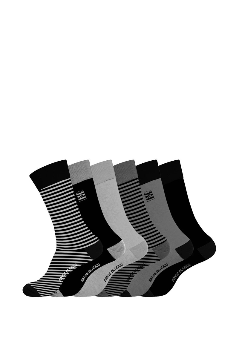 Ensemble de six paires de chaussettes de différentes couleurs : noir, gris et gris clair, présentant des couleurs unies et des motifs rayés, fabriquées en tissu doux.