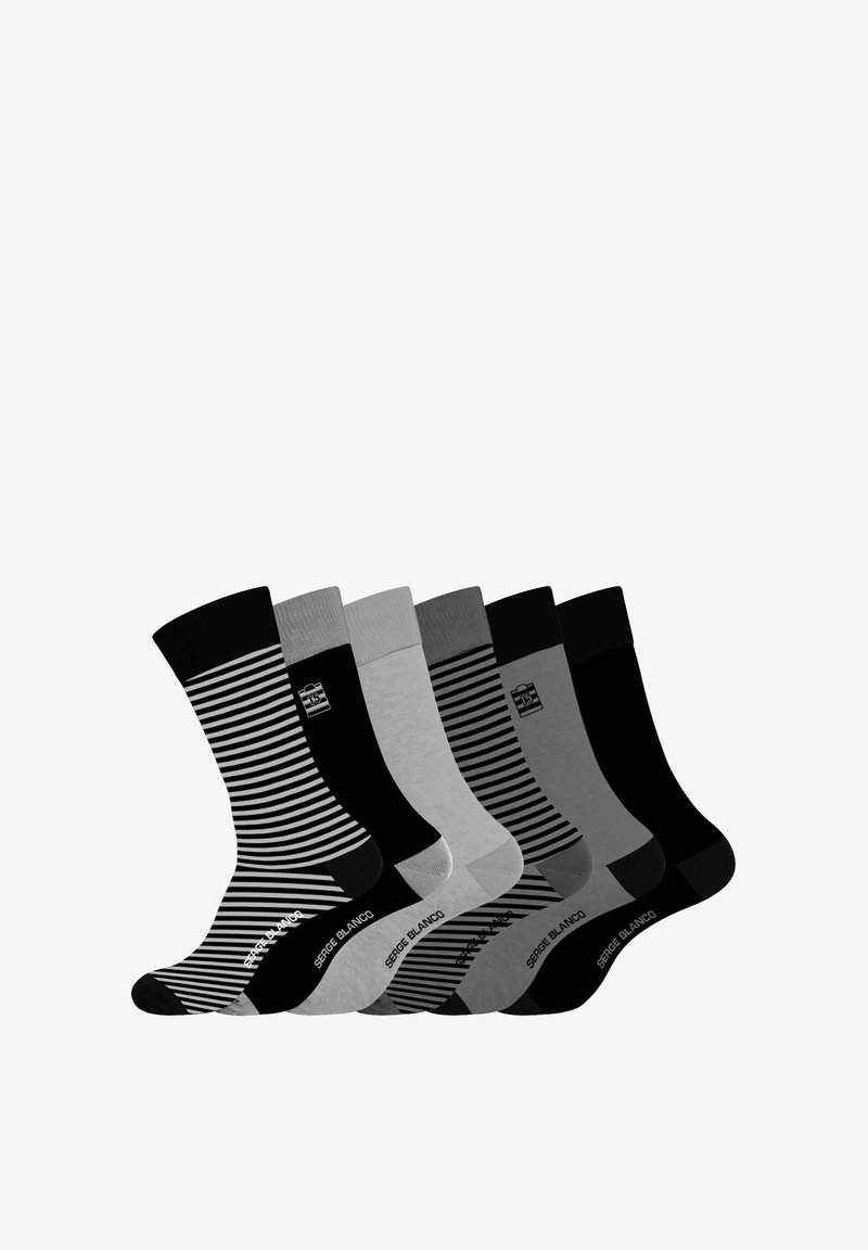 Ensemble de six paires de chaussettes de différentes couleurs : noir, gris et gris clair, présentant des couleurs unies et des motifs rayés, fabriquées en tissu doux.