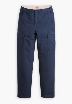 Navy blue cargo pants made from cotton, featuring multiple side pockets, a button closure, and a straight-leg design. Smooth texture.