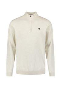 Lichtbeige gebreide pullover met een halve ritssluiting aan de kraag, geribde manchetten en zoom. Voorzien van een subtiele geborduurde logo op de borst.