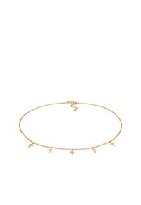 Colier din aur cu cinci pandantive mici în formă de cruce. Textură netedă, cu un design delicat și minimalist, și închidere ajustabilă.