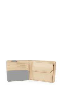 VUCH wallet in beige and gray leather, bi-fold design, multiple card slots, single pocket, smooth texture, stitched detailing, minimal branding.