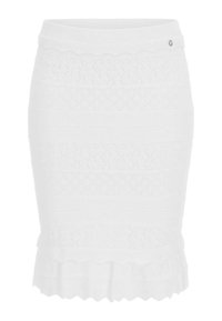 Bílá pletená sukně s texturovaným diamantovým vzorem, s vlnitým lemem a logem na pásku.