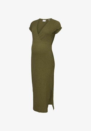 Olivgrünes, strukturiertes Midikleid mit kurzen Ärmeln, V-Ausschnitt, taillierter Passform und seitlichem Schlitz auf der rechten Seite.