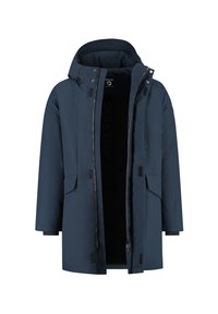 Marineblauwe geïsoleerde parka met capuchon, vooraan met rits, drukknoopsluitingen en klepzakken, getoond open op een witte achtergrond.