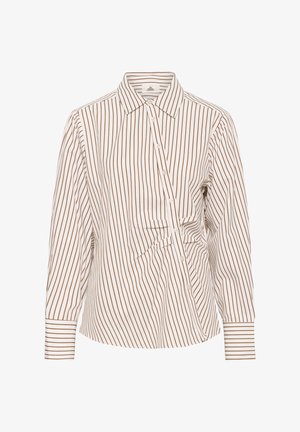 Biała koszula zapinana na guziki z brązowymi pionowymi paskami, długimi rękawami, kołnierzykiem w szpic oraz ukośną plisą guzikową na przodzie.
