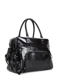 Sac à main en cuir noir avec une texture lisse, double poignées, plusieurs poches zippées et un grand compartiment principal. Présente des accents en métal argenté.