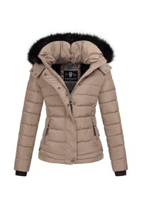 Beige gesteppte Jacke mit abnehmbarem schwarzen Kunstfellkragen, Reißverschlusstaschen, gerippten Bündchen und prominentem Markenlabel im Kragen.
