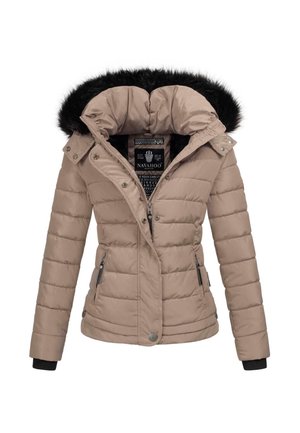 Beige quilted jacket with a detachable black faux fur hood, zippered pockets, ribbed cuffs, and prominent brand label in the collar.