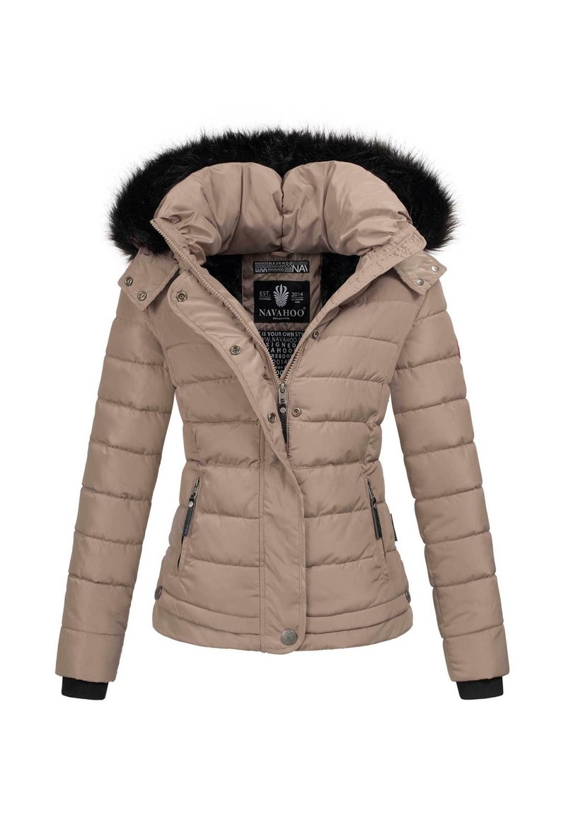 Beige gesteppte Jacke mit abnehmbarem schwarzen Kunstfellkragen, Reißverschlusstaschen, gerippten Bündchen und prominentem Markenlabel im Kragen.