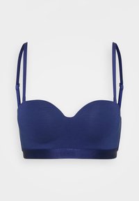 Sostenitore navy blue con una texture liscia, coppe sagomate, spalline regolabili e un elastico in satin con logo impresso sul davanti.
