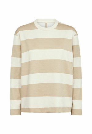 Beige and white striped long-sleeve sweater with a round neckline and relaxed fit, made from soft fabric. Features horizontal stripes.