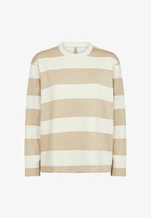 Beige and white striped long-sleeve sweater with a round neckline and relaxed fit, made from soft fabric. Features horizontal stripes.