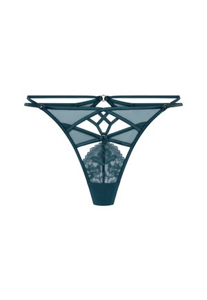 Turkooizen kanten string met riemdetails, bloemachtige kanten accenten en een doorzichtige meshstructuur. Decoratieve hardware met een ingewikkeld ontwerp.