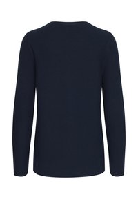 Langarm-Navy-Pullover mit gerippter Textur, rundem Halsausschnitt und taillierter Silhouette, ohne sichtbare Nähte oder Verzierungen.